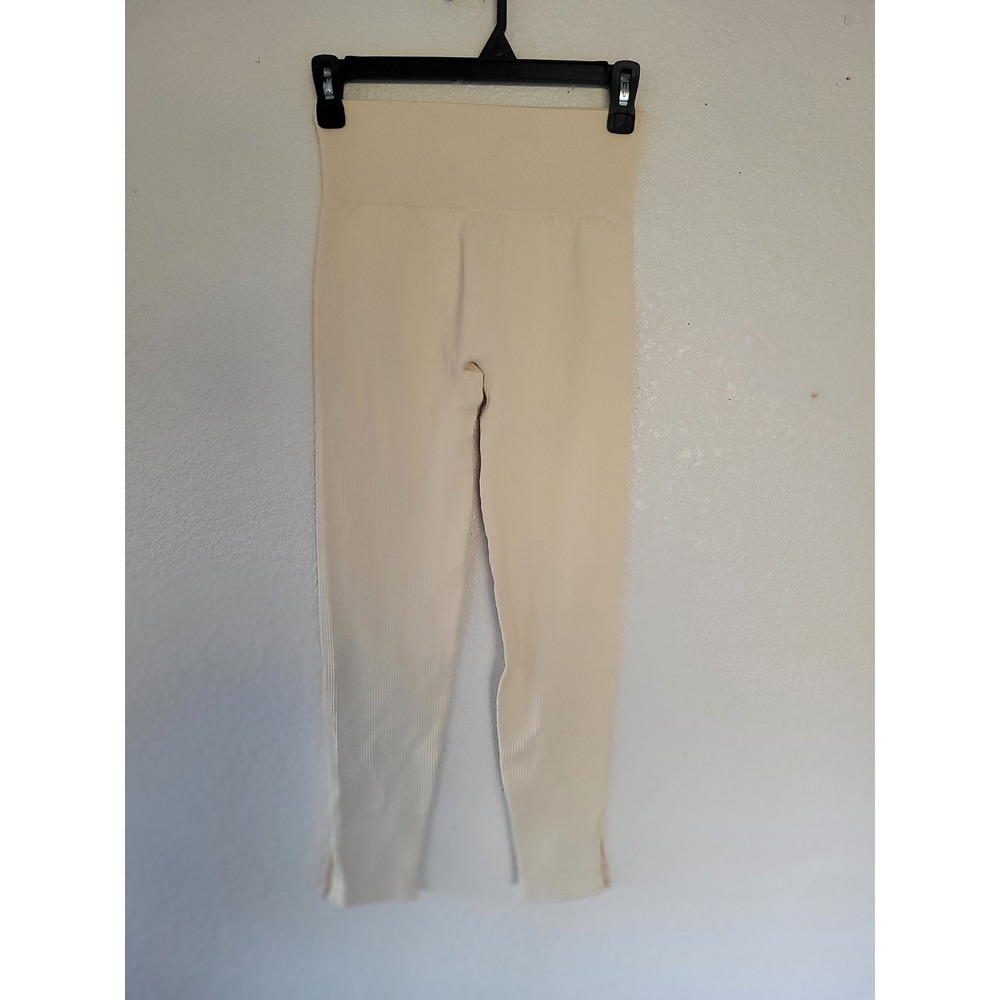 OQQ Ribbed Leggings Cream High Waist Split Ankle Activewear M Workout #20